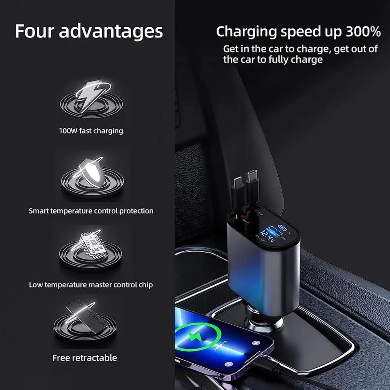 Retractable Car Charger 4 in 1 Fast Car Phone Charger 120W with USB Type C Cable