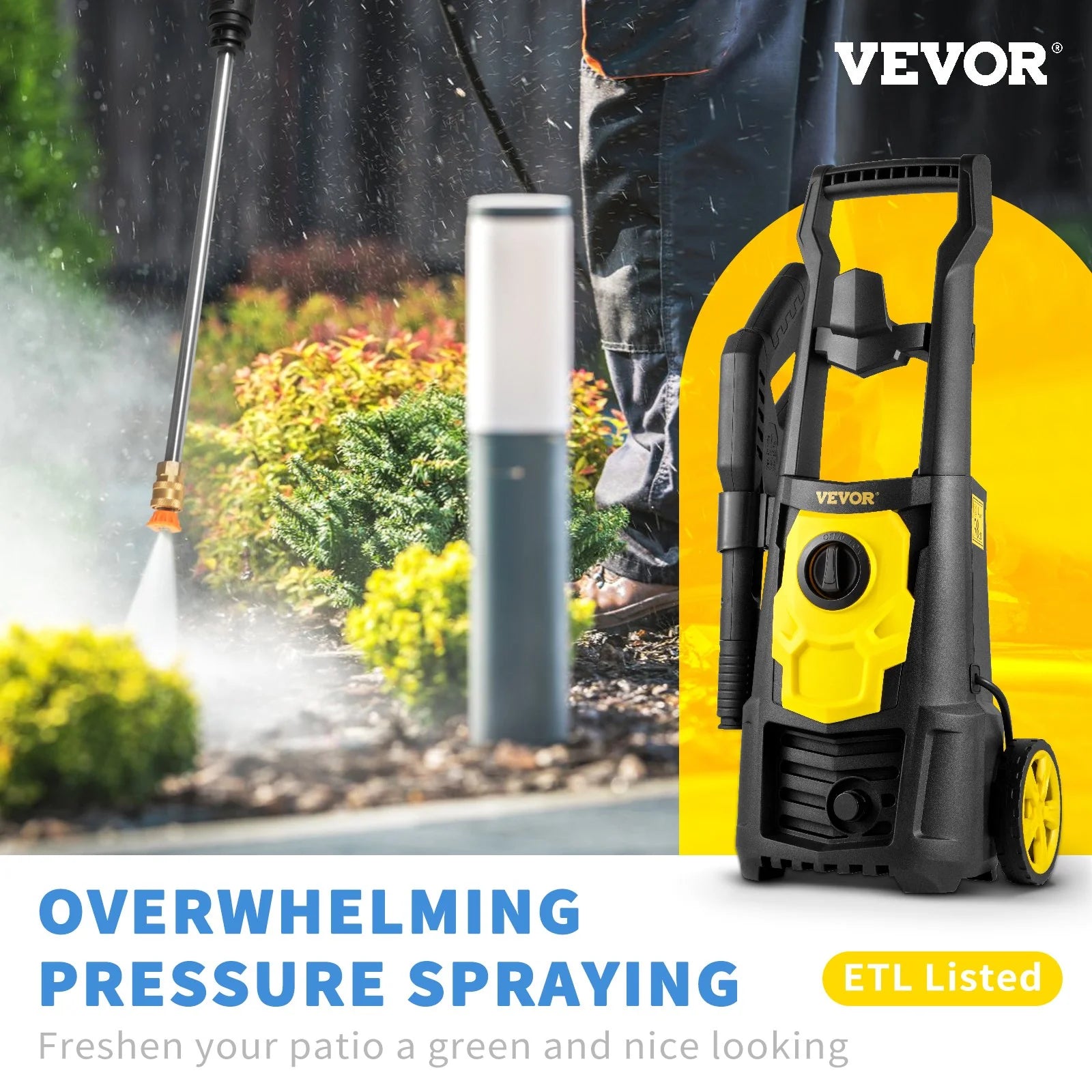 VEVOR Electric Power Washer, 2000 PSI, Max 1.65 GPM Pressure Washer W/ 30 Ft Hose & Reel, 5 Quick Connect Nozzles, Foam Cannon, Portable to Clean Patios, Cars, Fences, Driveways, ETL Listed