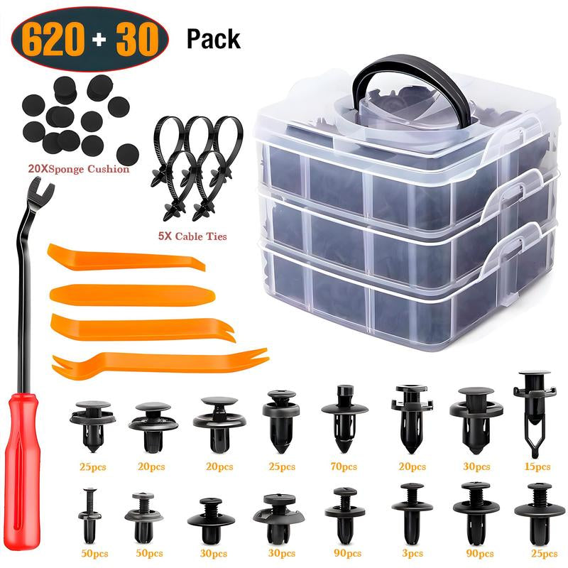 Car Push Retainer Clips, Auto Fasteners Assortment, Car Bumper Fender Rivets with Sponge Cushions & Cable Ties & Fasteners Removers, Car Body Repair Tools