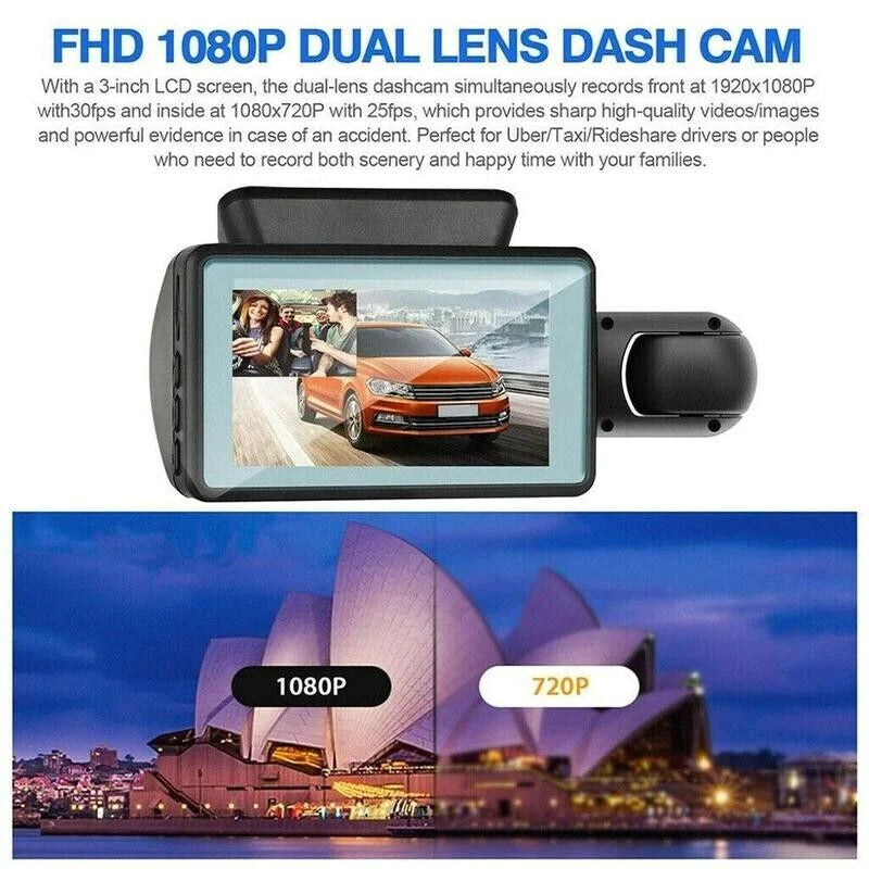 1080P Dual Lens Car DVR Dash Cam Video Recorder G-Sensor Front and inside Camera