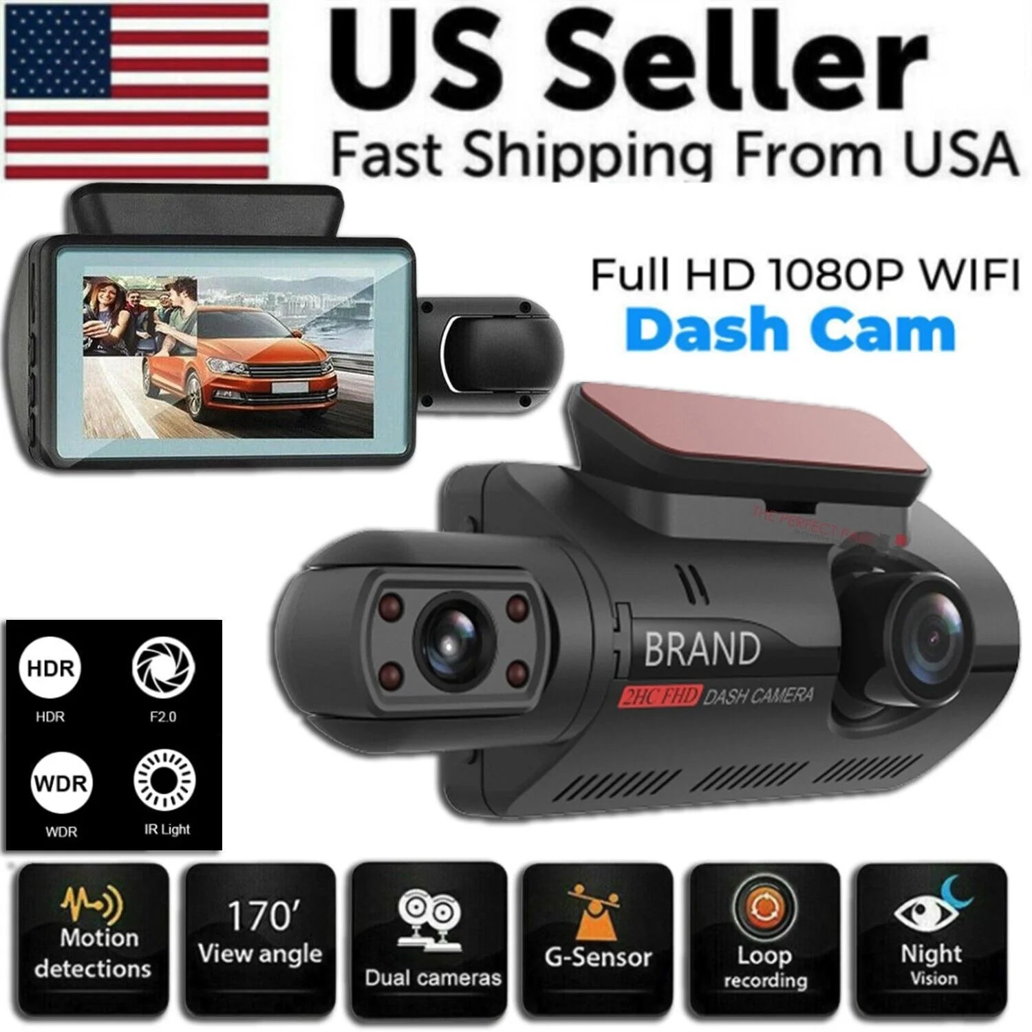 1080P Dual Lens Car DVR Dash Cam Video Recorder G-Sensor Front and inside Camera