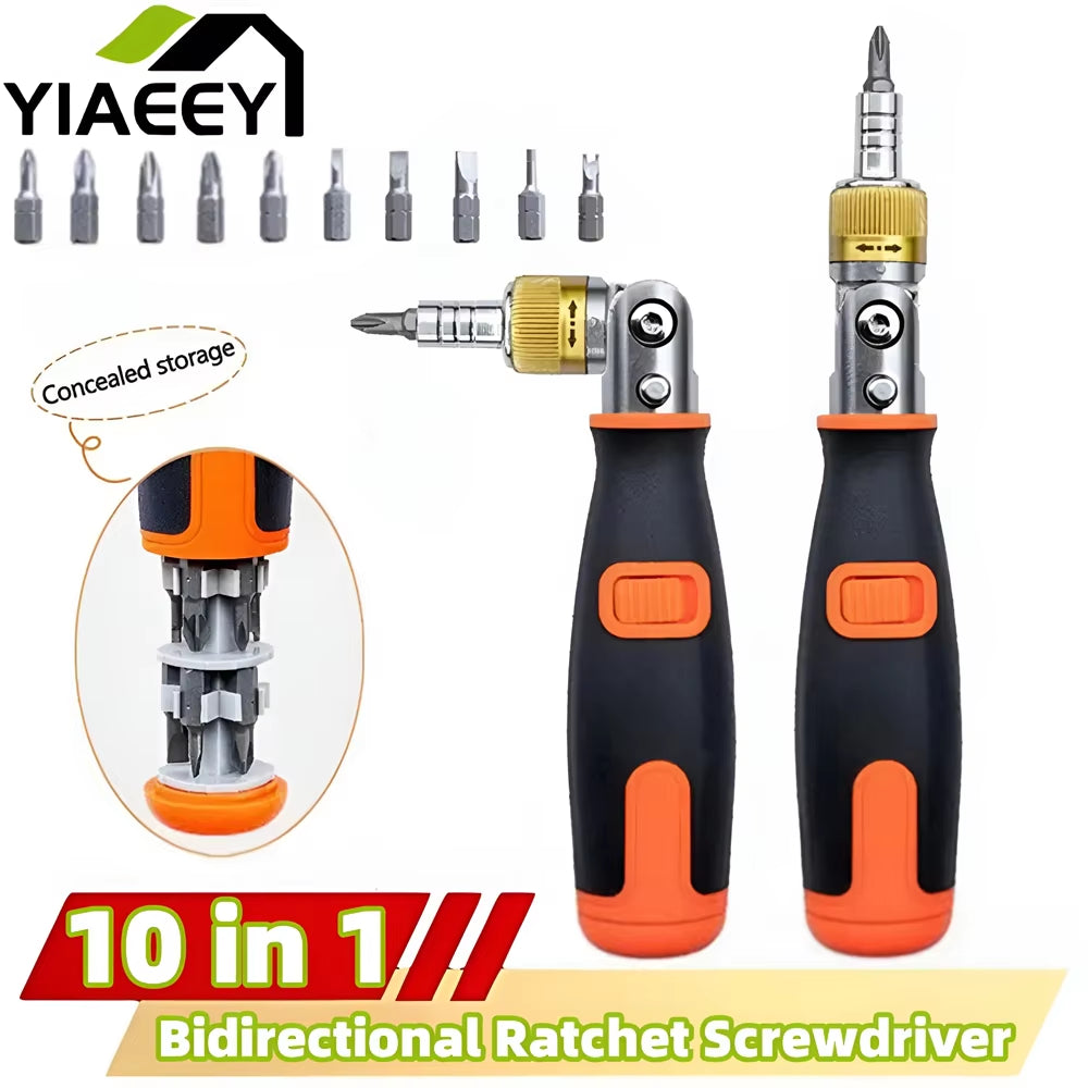 10 in 1 Multi-Angle Bidirectional Ratchet Screwdriver Adjustable Angle Hidden Bit Magazine Portable Multifunctional Repair Tools