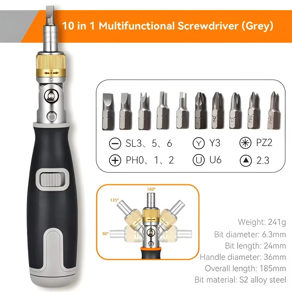 10 in 1 Multi-Angle Bidirectional Ratchet Screwdriver Adjustable Angle Hidden Bit Magazine Portable Multifunctional Repair Tools