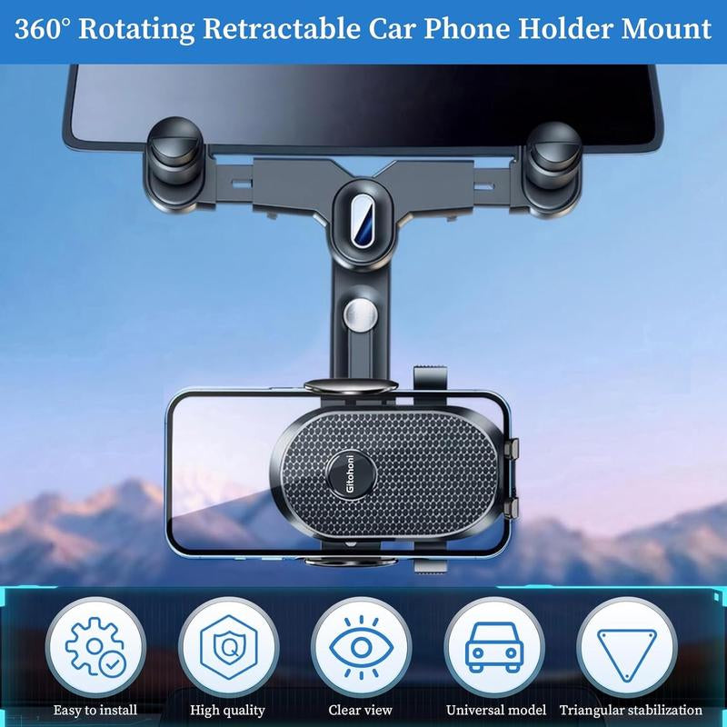 Rearview Mirror Phone Holder for Car - 360° Rotating and Retractable Mobile Phone Holder for Auto Visor with Adjustable GPS Feature